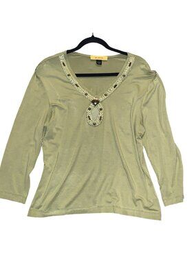 St. John Yellow Label Beaded Braided Detail 3/4 Sleeve Green Top Size L